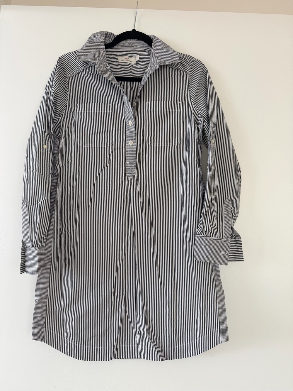 Vineyard Vines Striped Shirt Dress in Dark Gray and White